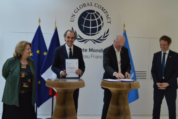 Les deux organisations ont annoncé et signé leur alliance mardi 1er avril. Crédit : Pacte mondial de l'ONU-Réseau France/ Comité 21